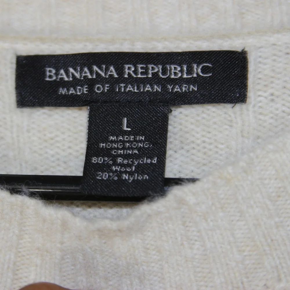 Banana Republic Sweater Mens L Cream Ribbed‎ Wool Blend Italian Yarn Pullover